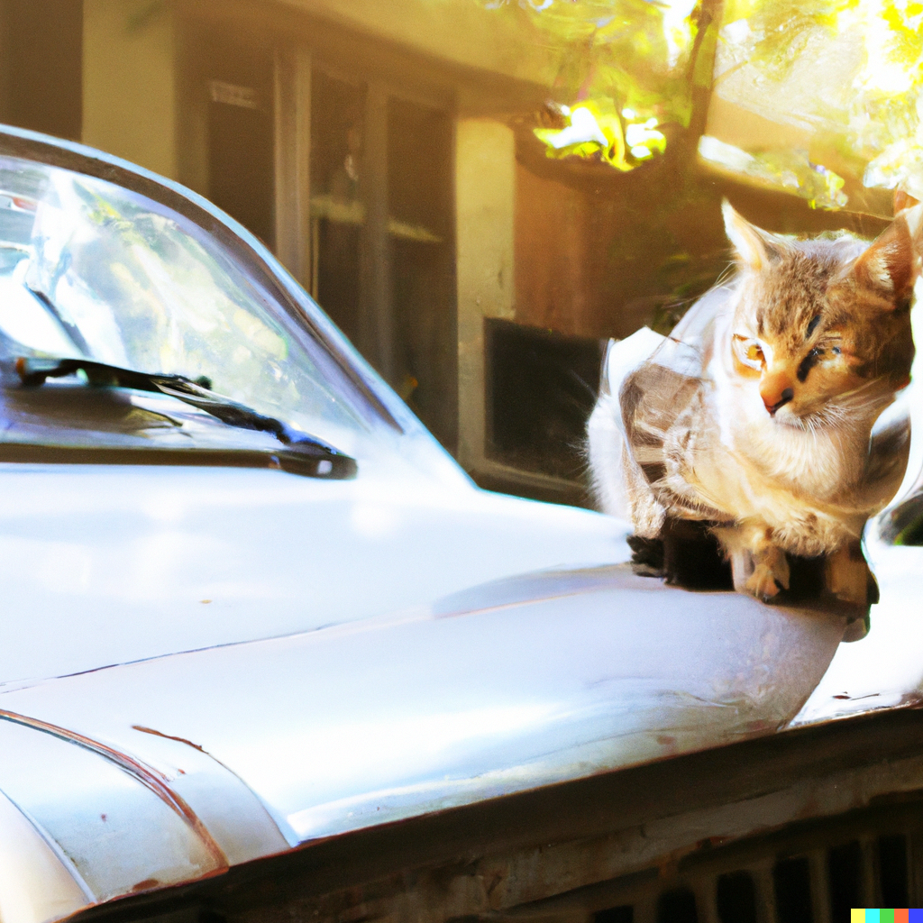 Katt på bilpanser med solskin laga av kunstig intelligens