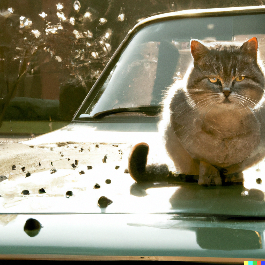 Katt med slørete blikk på bilpanser med solskin laga av kunstig intelligens