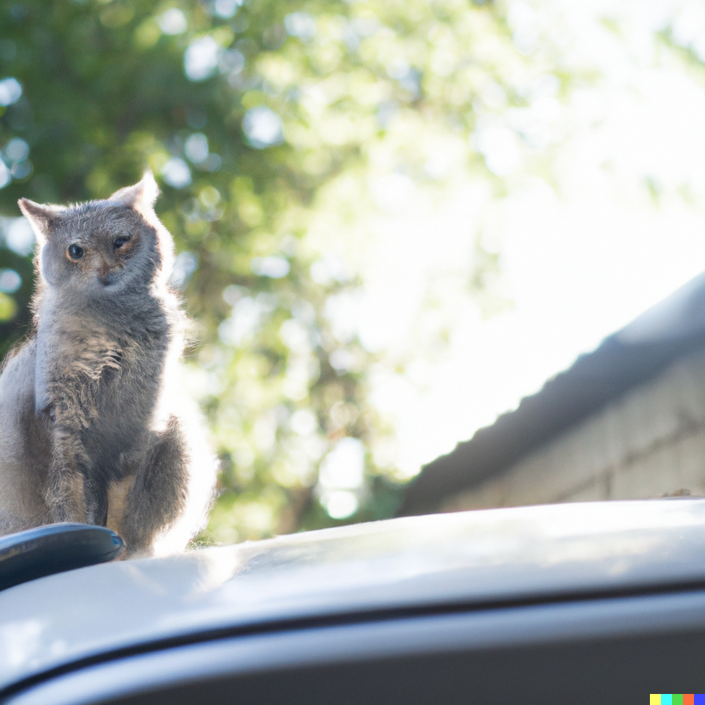 Grå katt på bilpanser med solskin laga av kunstig intelligens