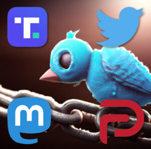 Illustrasjon av ein blå fugl med svarte auger som sit på kjetting, med logoar frå  Twitter Truth Social Mastodon og Parler
