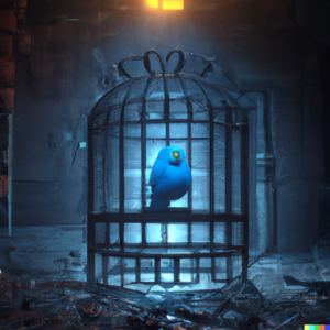 Illustrasjon av liten blå fugl fanga i eit bur i ein mørk kjellar