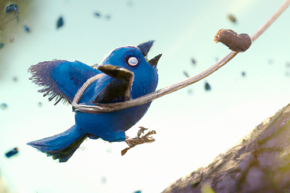 Illustrasjon av redd liten blå fugl som blir fanga av ei snor